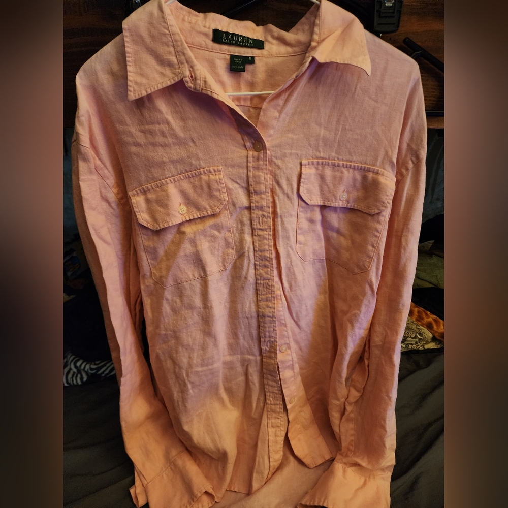 Ralph Lauren Womens Medium Pink long sleeve pocketed button-up dress shirt